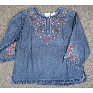 Two Twenty Women's Denim Shirt Embroidered Short Sleeve Banded Trim Size Small